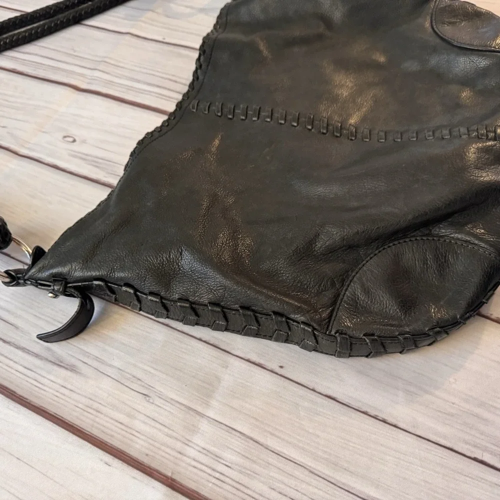 Ralph Lauren Black‎ Leather Braided Strap Hobo Shoulder Bag Whipstitch Rings